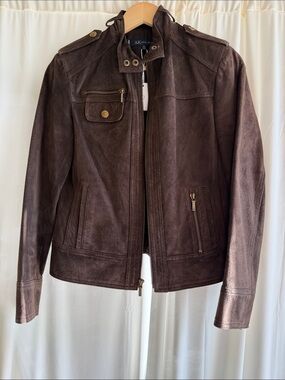 Anne Klein 100% Leather Moto Jacket Brown Gold Hardware (Size PS)